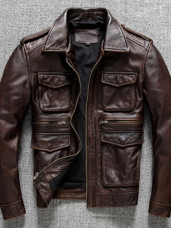 

Slim Fit Leather Jaet Men's Faionable Workwear Sle Zipper Closure Turn-down Collar Multiple kets Casual Autumn Coat