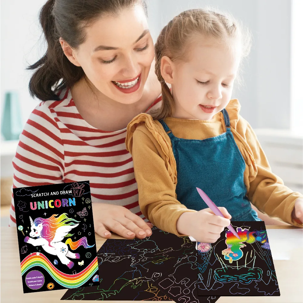 New Children Scratch Painting Handmade DIY Creative Graffiti Unicorn Mermaid Theme Colouring Scratch Painting Birthday Gift