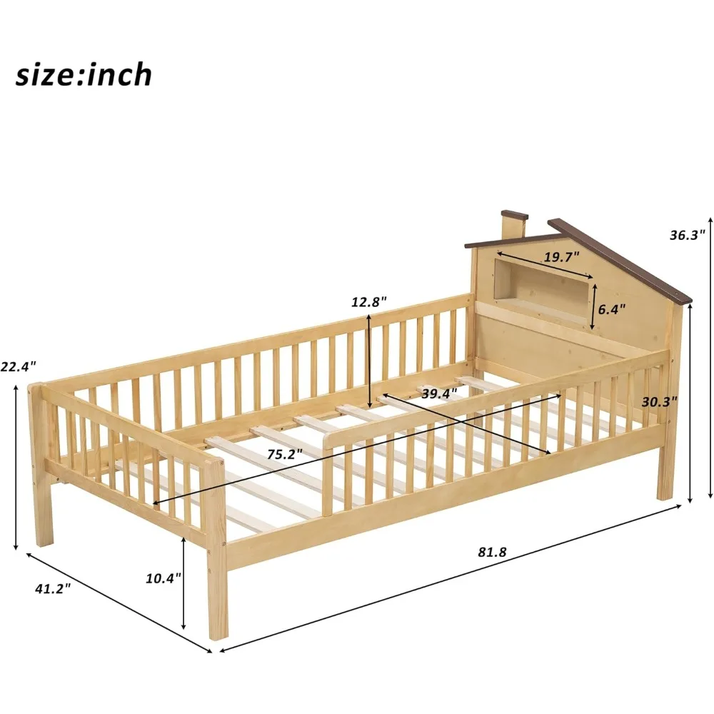 Kinderbett mit hausförmigem Kopfteil und Geländer, Einzelbettgestell aus Holz mit integriertem Stauraum und LED-Licht