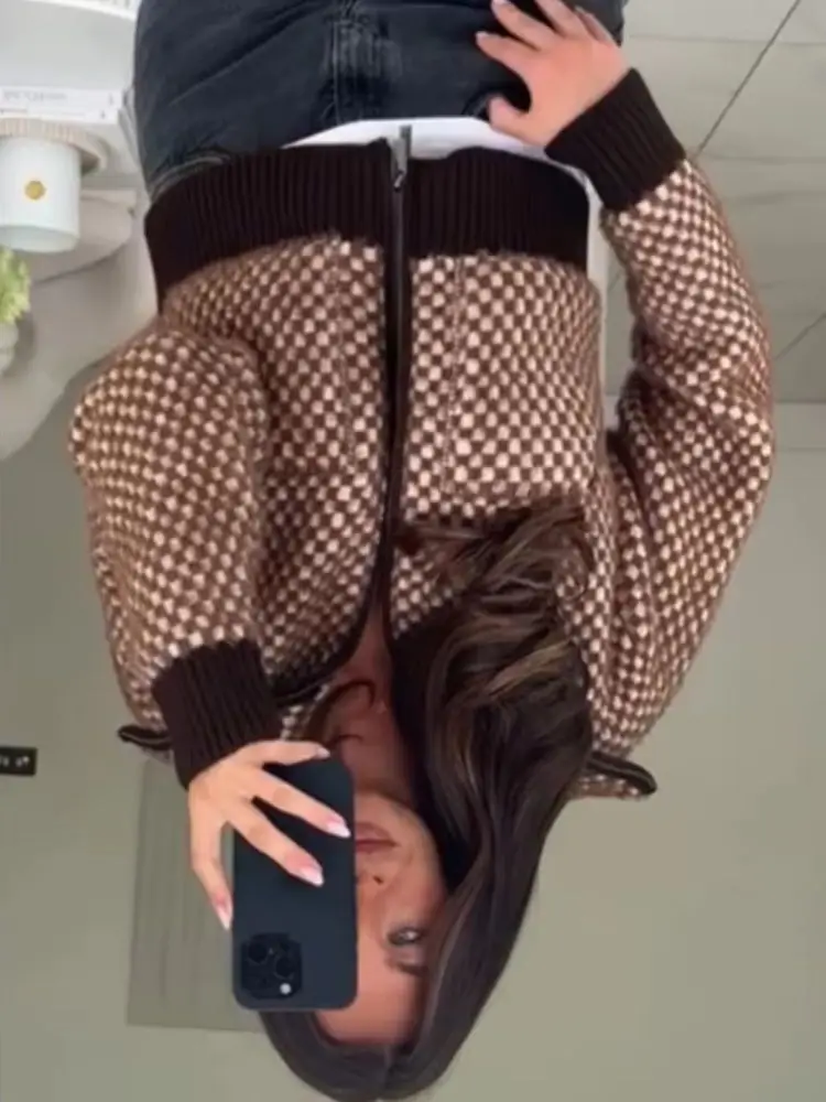 HH أزياء المرأة طويلة الأكمام تأثير الفراء الاصطناعي خياطة محبوك Bomber الستر الإناث التلبيب سستة تنوعا جيب سترة #2