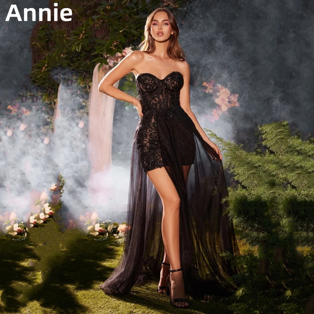 

Annie Black Lace Tulle Graduate Prom Dresses Luxury Beads Evening Dresses Sexy Strapless Wedding Party Dresses Vestidos De Noche