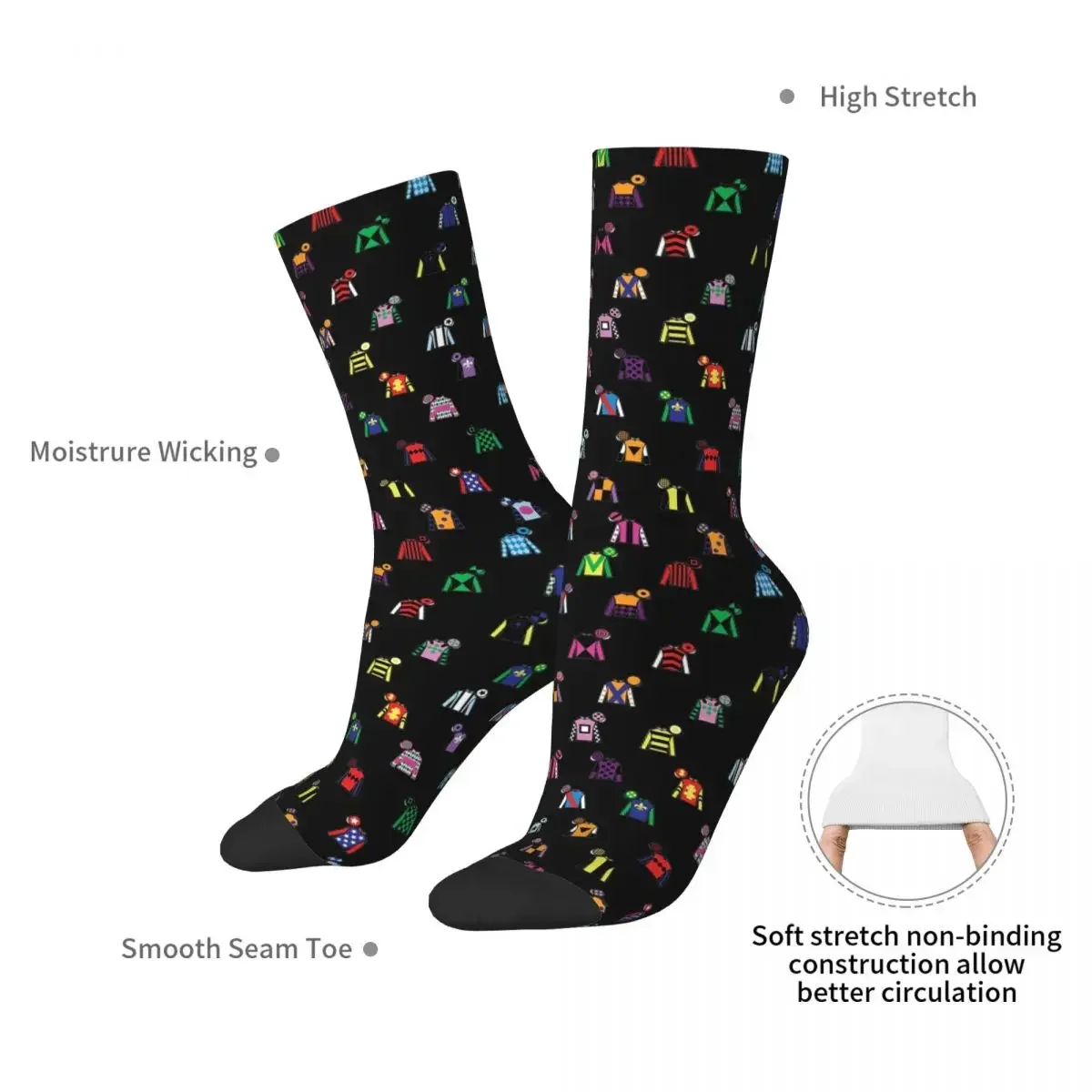 Horse Racing Jockey Silk Print Black Socks Harajuku Sweat Absorbing Stockings All Season Long Socks Man Woman Birthday Present