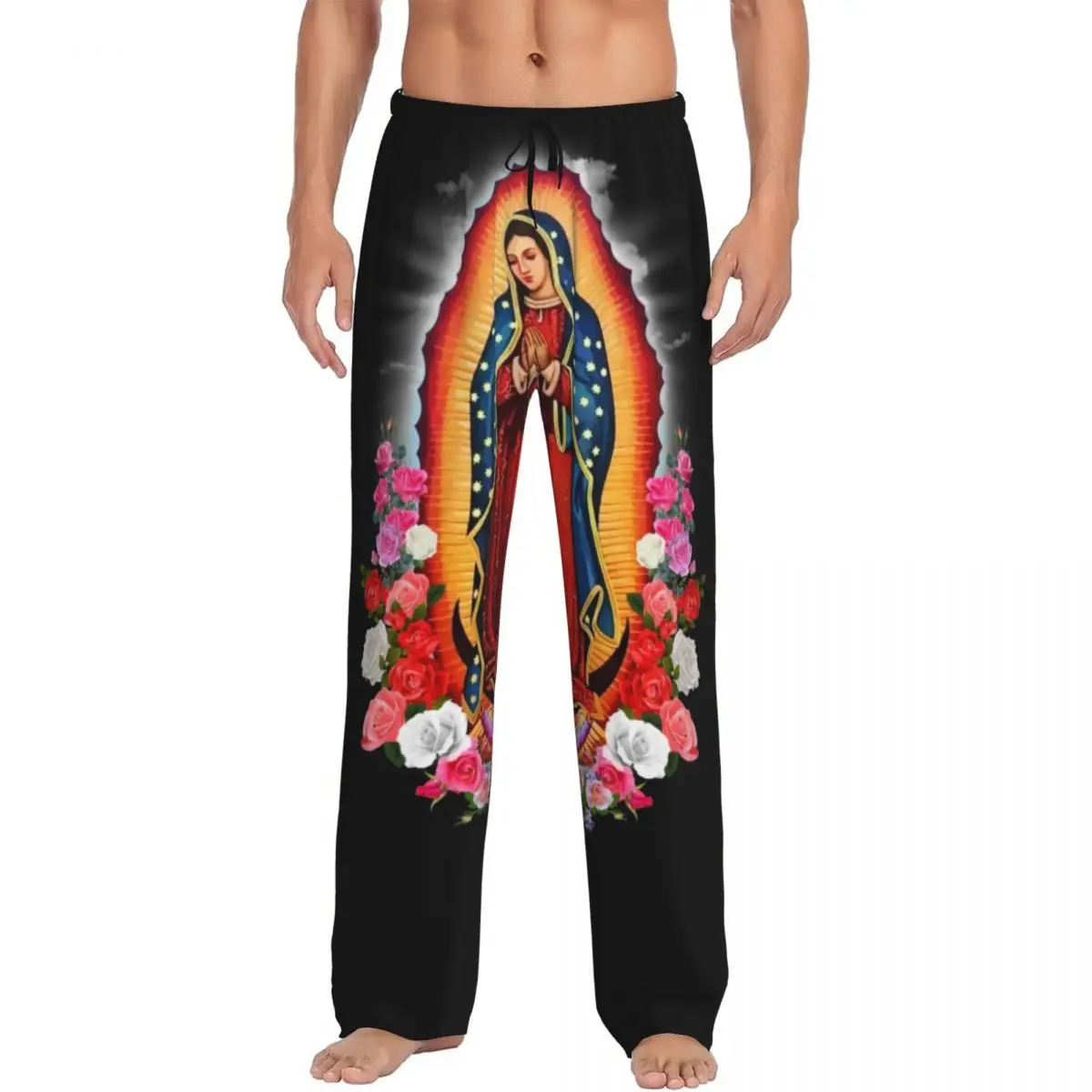 Custom Virgin Mary Of Guadalupe Pajama Pants for Men Mexico Catholic Saint Sleepwear Lounge Sleep Bottoms Stretch with Pockets