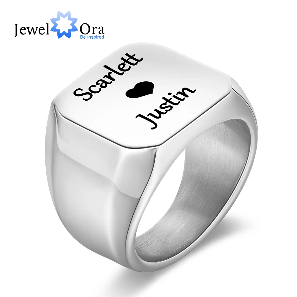 JewelOra Personalized Photo Name Engraved Ring Stainless Steel Blue Black Gold Color Mens Signet Rings Gift for Husband Fathers