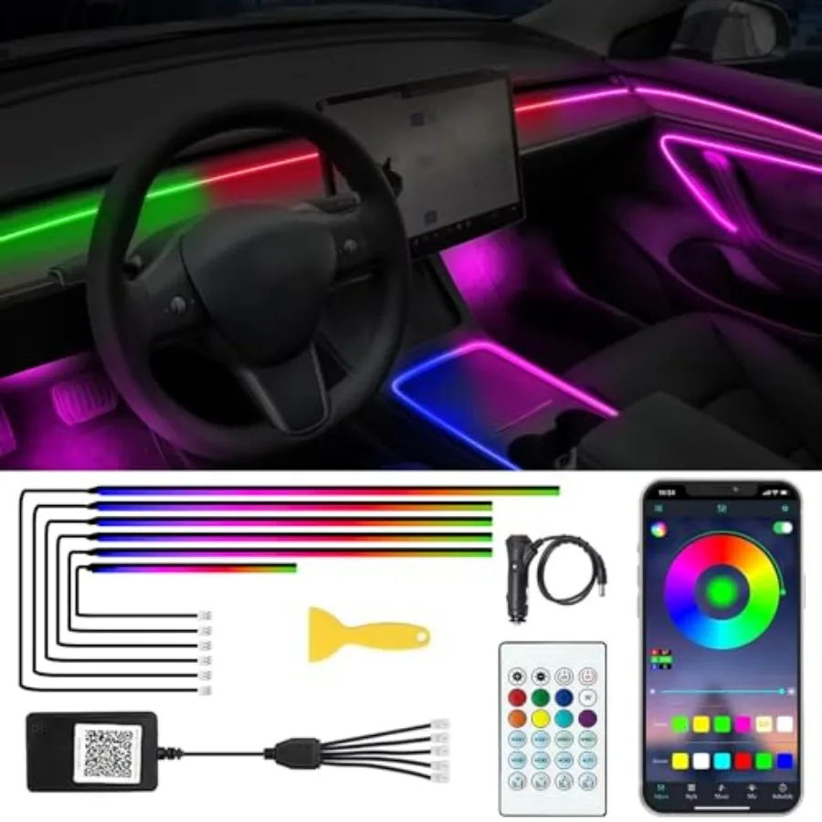

【Spot goods】Acrylic Interior Car LED Lights with Remote and Wireless APP 6 in 1Ambient Lighting Kits Fiber Optic Strip LEDs 16