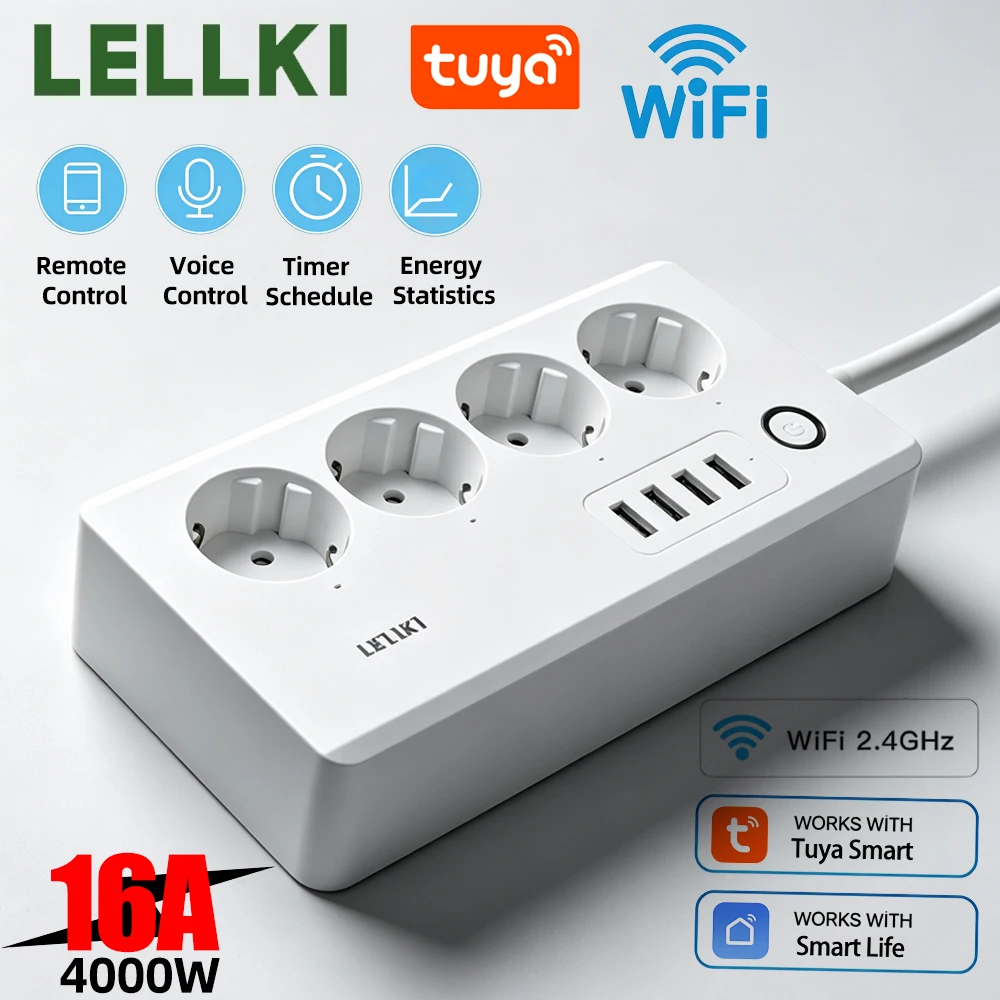 LELLKI EU Wifi Smart Power Strip 4 AC 4 USB Tuya Smart Life Alexa Google Home Voice Timing 16A Power Monitoring Extension Board
