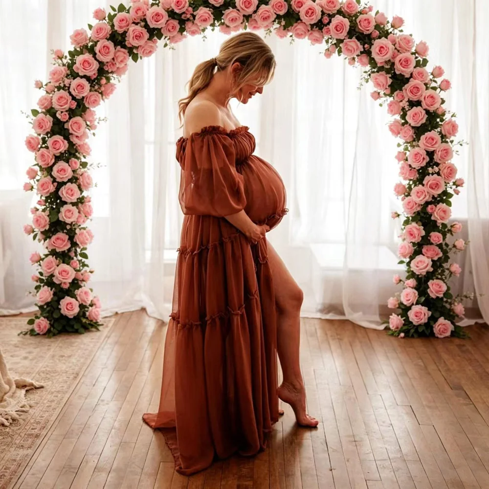 

Богемное платье для фотосессии для беременных, сексуальное, с открытыми плечами, длинными рукавами, плиссированным краем, из шифона, для женщин