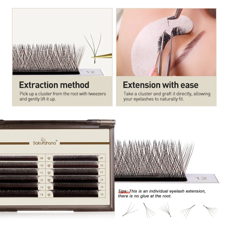 사쿠라하나 브라운 오토 플라워링 W형 3D 4D 5D 프리메이드 볼륨 팬 속눈썹 연장 내추럴 소프트 접착 속눈썹 메이크업 도구