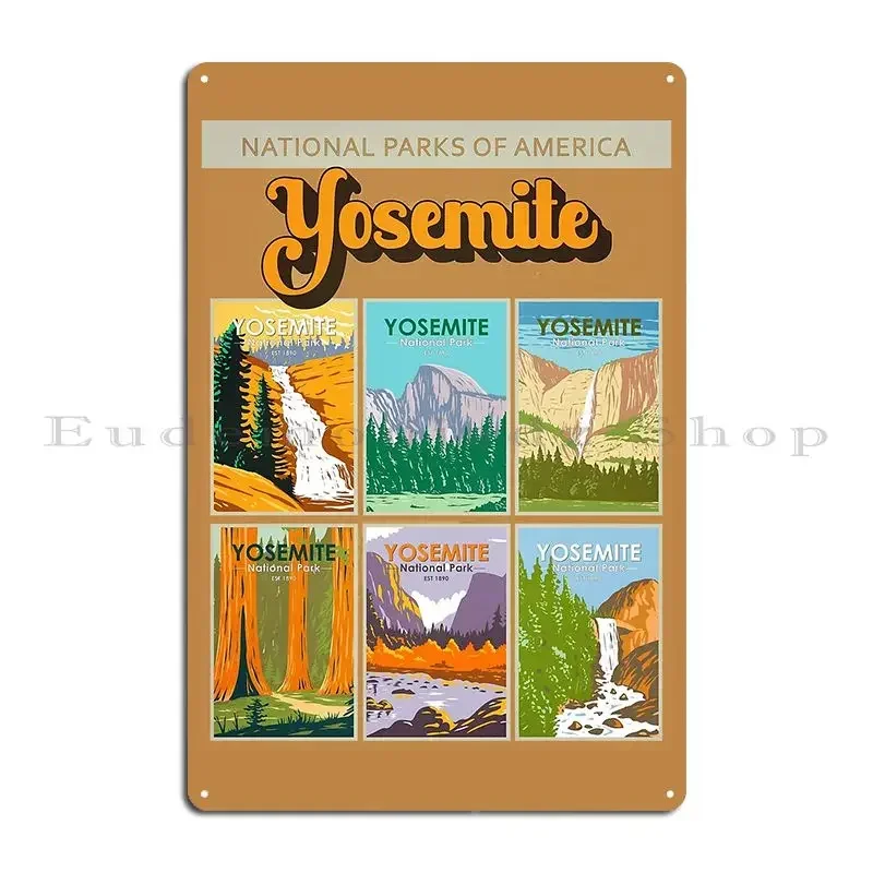 Yosemite National Park California Landmark Collage Metal Plaque Poster Wall Decor Wall Mural Customized Retro Tin Sign Poster