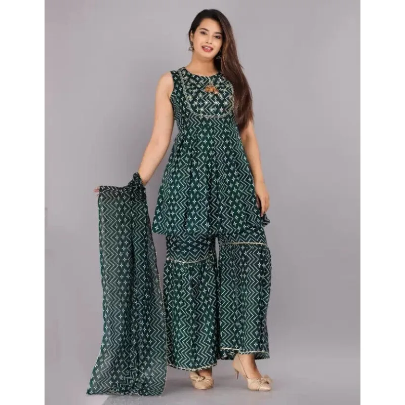 Women Kurta Sharara and Dupatta Set Cotton Rayon Green Round Neck Sleevless Salwar Kameez Kurti