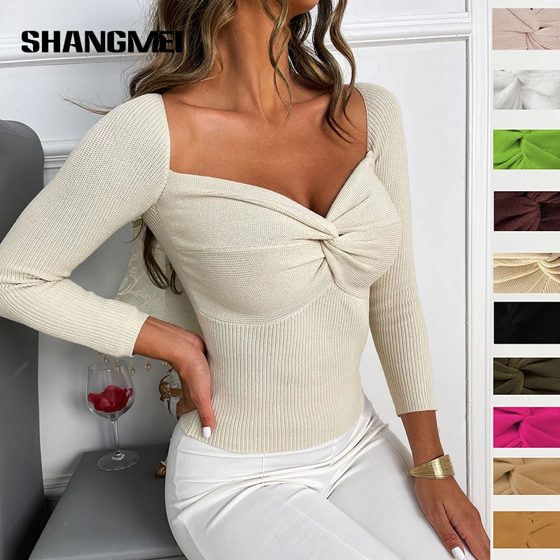 

Autumn Criss Cross Knot Knitted Sweaters Casual Solid Slim Pullover Women V-Neck Long Sleeve Sweater Top