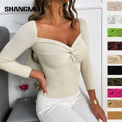 Autumn Criss Cross Knot Knitted Sweaters Casual Solid Slim Pullover Women V-Neck Long Sleeve Sweater Top