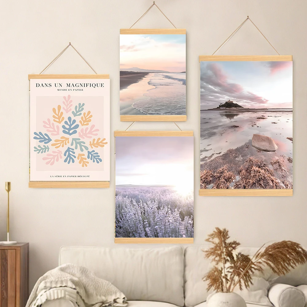 Pintura en lienzo de playa, puesta de sol de otoño, hierba, pájaro, pinturas en rollo, póster de paisaje natural, impresión de madera, imagen de pared, decoración del hogar
