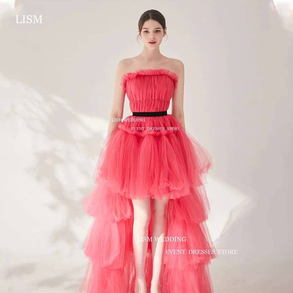 

LISM Red Cocktail Evening Dress Strapless Sleeveless Prom Gown Soft Tulle Tiered Ruffles Robe De Mariage Custom Made