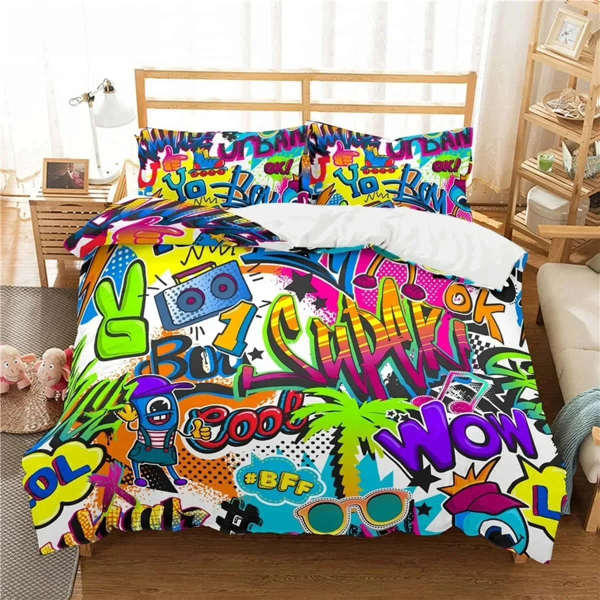 

Fashion 3D Cartoon Graffiti Print Polyester Bedding Sets Child Kids Covers Boys Bed Linen Set For Teens King Size Home Textiles