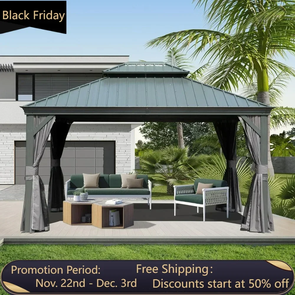 10x14FT Hardtop Gazebo, Outdoor Gazebo with Galvanized Steel Double Roof and Aluminum Frame Curtain and Netting, Pavilion Gazebo