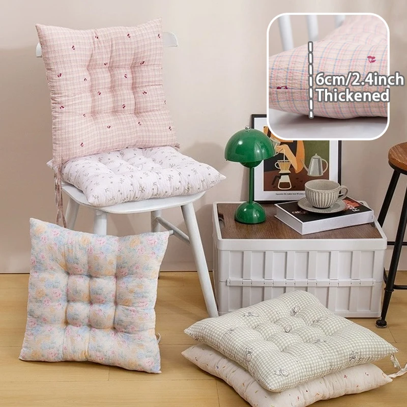 

Floral Square Chair Cushion 40x40cm Korean Comfortable Thick Padding with Fixing Strap for Student Office Car Home Multi-Use