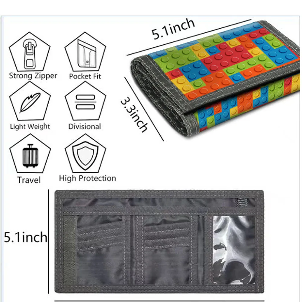 Block Print Canvas Kids Wallet Credit Card/ID Holder Inserts Coin Purses Foldable Casual Wallet Novelty Money Bag Purse Zipped