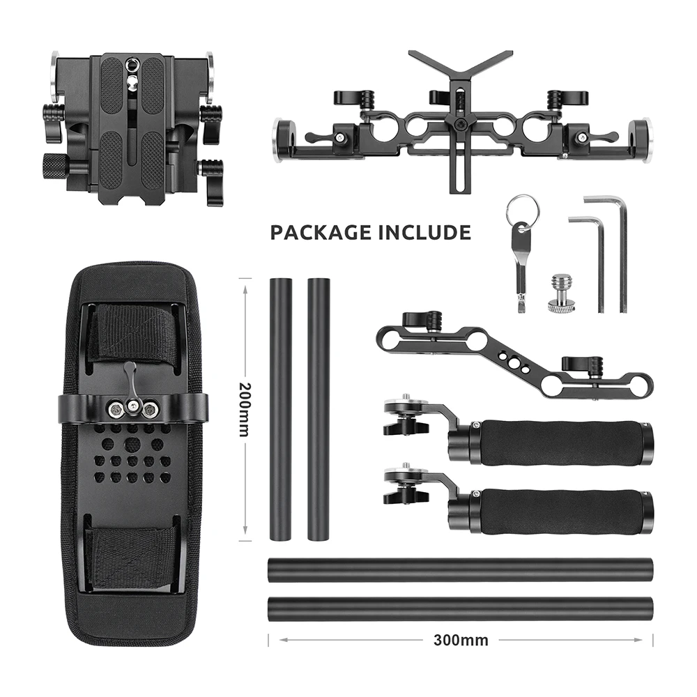 KIMRIG Shoulder Mount Kit With QR ARCA Sliding Base Plate 15mm 19mm Rod Clamp Sponge-covered Handgrip Pair Fr DSLR HDSLR cameras