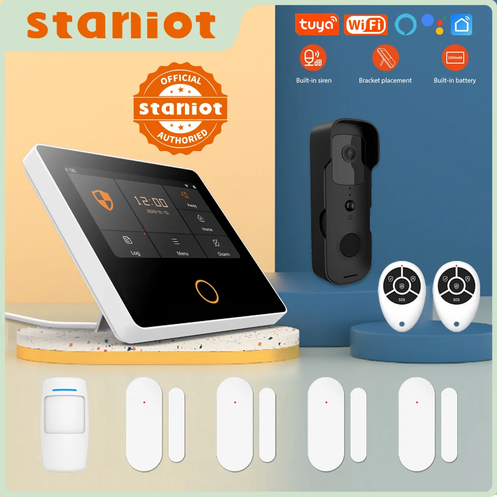 Ostaniot WiFi Tuya inteligentnego domu Alarm antywłamaniowy zestaw bezprzewodowy ochronny zabezpieczający System 4.3 ekran dotykowy IPS wbudowany w 10 językach,Wbudowana syrena współpracuje z Alexa