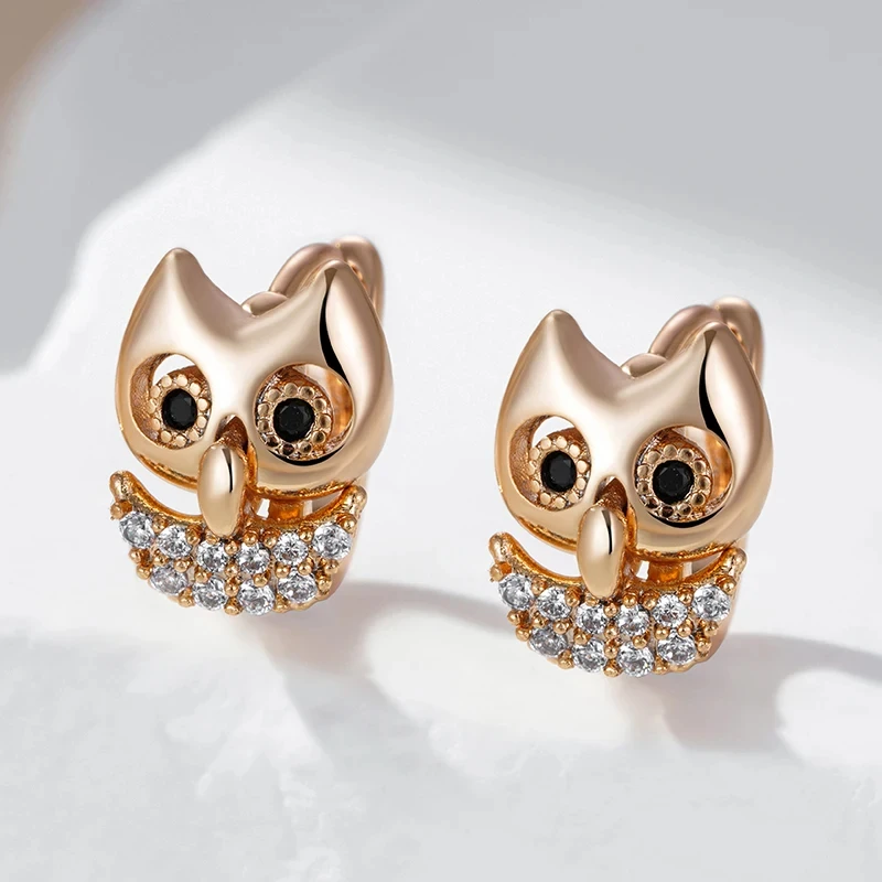 Wbmqda Cute Owl Girl Woman Earrings 585 Rose Gold Color With Natural Zircon Best Animal Gift Jewelry For Kids