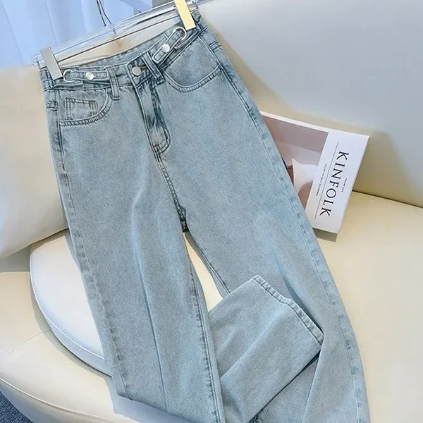 Jeans Women Causal High Waist Loose Wide Leg Pants Vintage Denims Pockets Denim Full Length Female Basics Straight Trousers