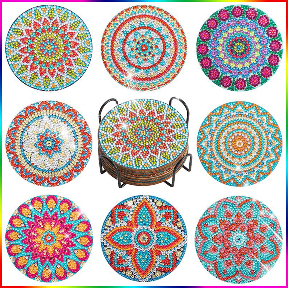 PhotoCustom 8Pcs/Set DIY Diamond Painting Coaster Cup Mat Pad Mandala Diamond Embroidery Round Coasters Placemat Home Kitchen