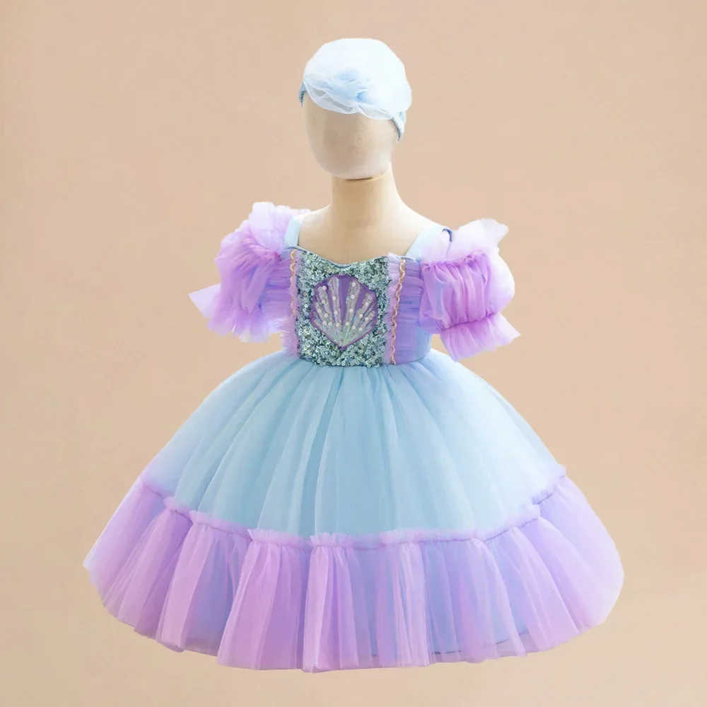 Baby Girls Bow Ariel Dress Clothes Bubble Sleeve Mesh Skirt Rainbow Princess Dress Costume For Baby Girl Mermaid Cosplay Costume