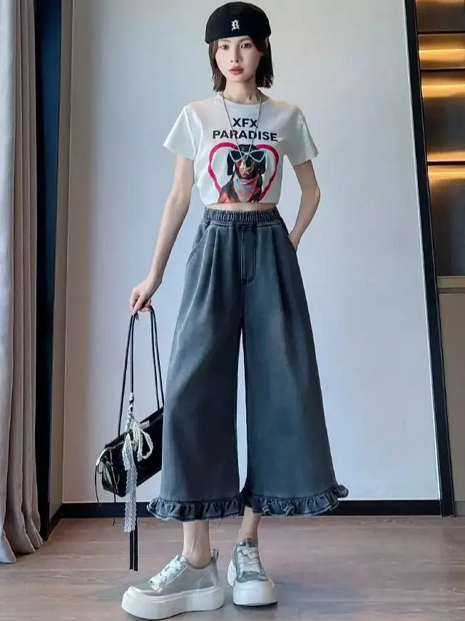 

Women's Large-Size Cropped Jeans: Lightweight, Wide-Leg, Loose-Fit, High-Waisted, Straight-Leg, Soft, Durable and Breathable