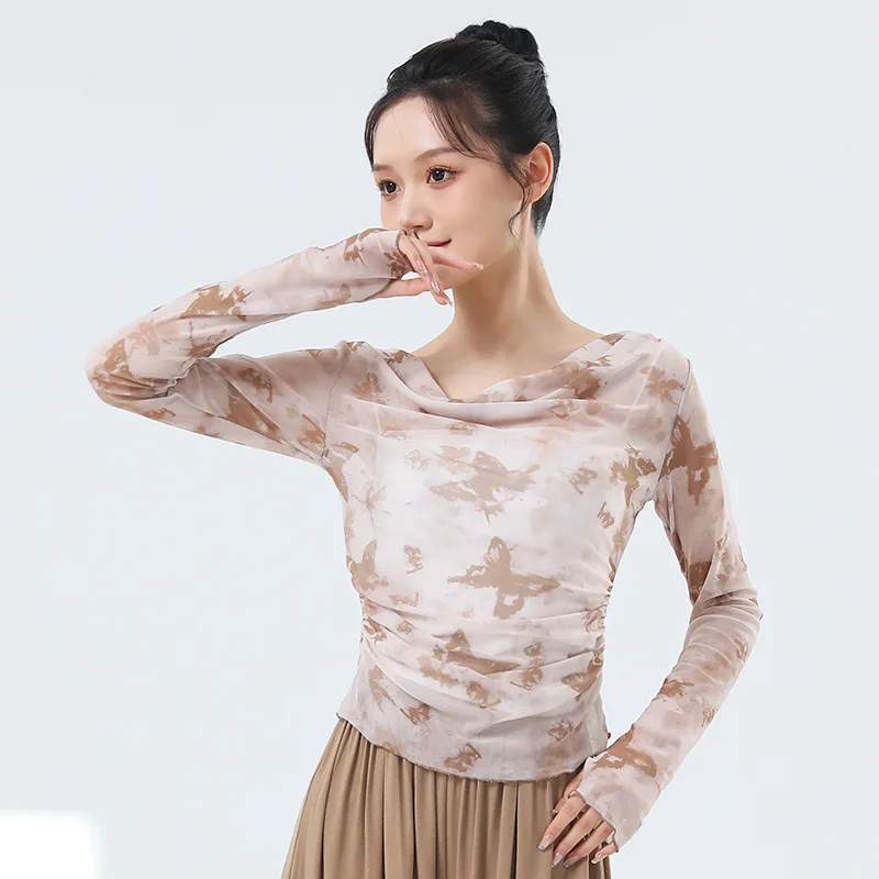 Vlinderprint Gaas Top Vrouwen Lange Mouw Sexy Transparant Chinese Folk Nationale Dans Shirt Duim Vinger Elegant Lichaam Rijm