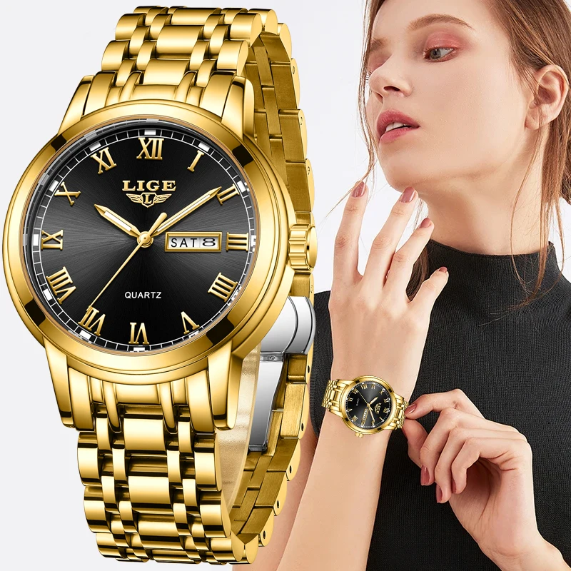 LIGE 2023 New Gold Watch Women Watches Ladies Creative Steel Women\'s Bracelet Watches Female Waterproof Clock Relogio Feminino