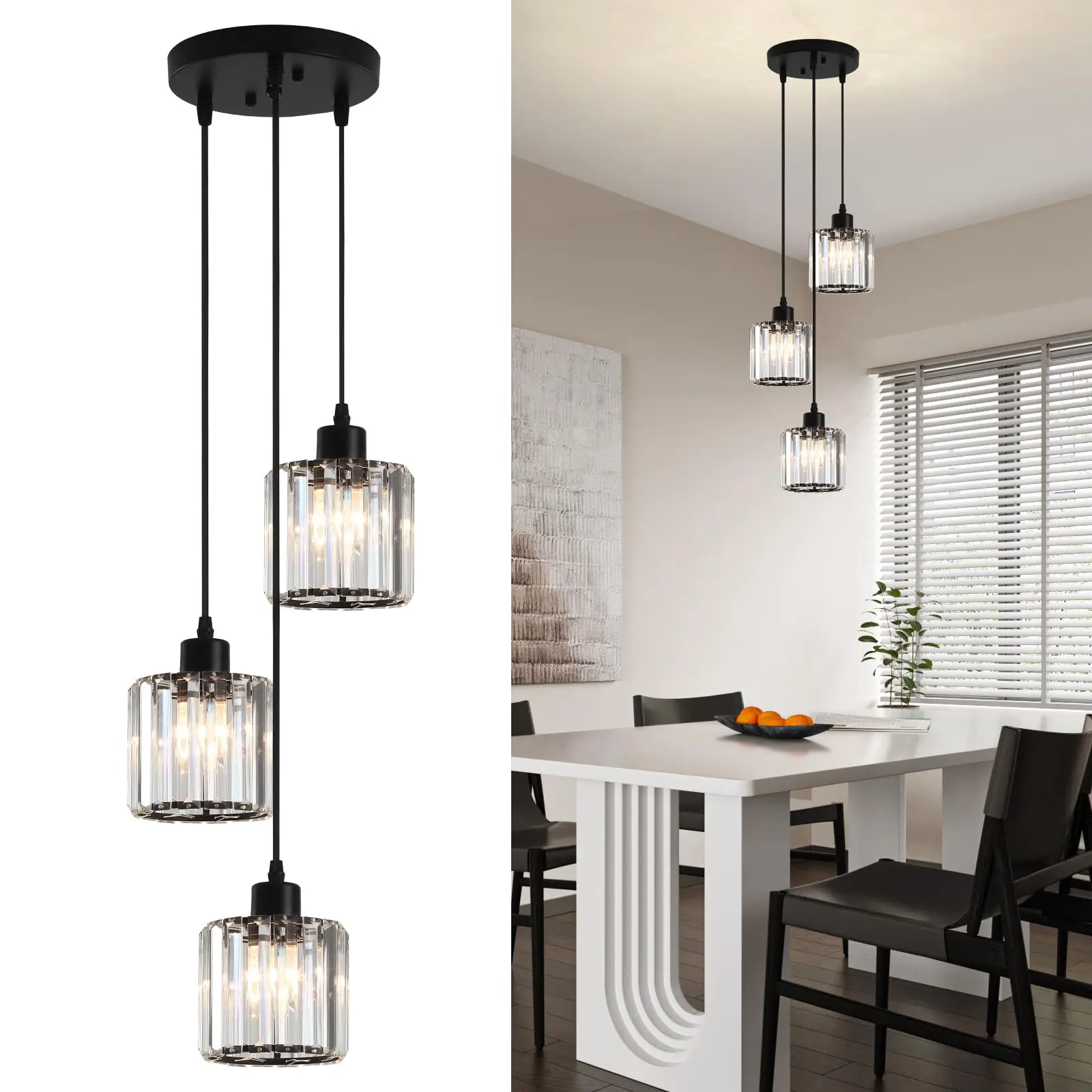 

3 Lights Pendant Light Black Modern Crystal Pendant Lamp Dining Room Lamp Crystal Chandelier Home Lighting for Kitchen Island