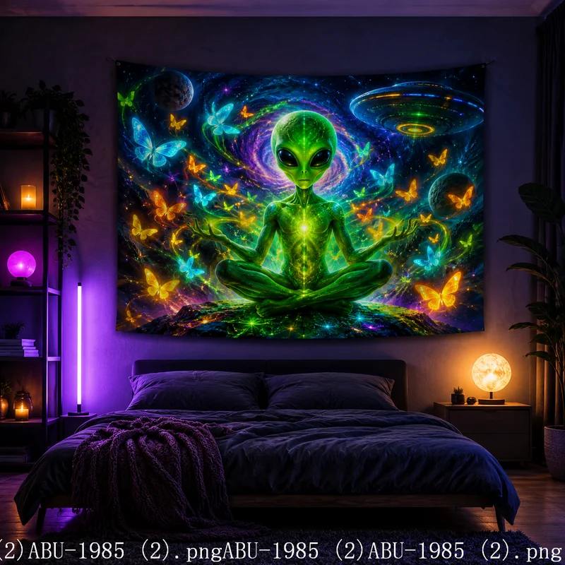 VIKAMA Meditation Alien Butterfly Tapestry Color Galaxy Planet UFO Psychedelic Art Wall Hanging Aesthetic Dorm Bedroom Cloth