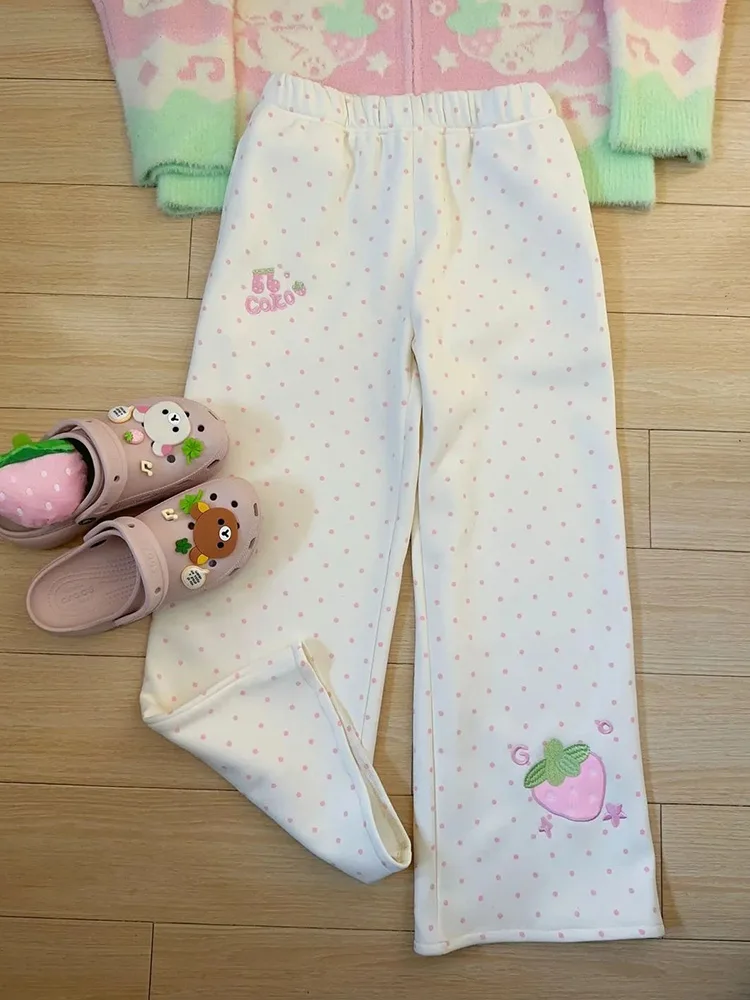 

Kawaii милые широкие брюки женские с высокой талией милые брюки с клубничной вышивкой японский консервативный стиль женские весенние повседневные брюки