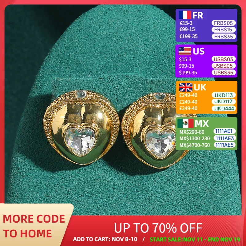 

Vintage Heart Crystal Earrings Luxury Designer Stud Woman Gold Color Wedding Bridal Accessories Dubai Jewelry Valentine Day Gift