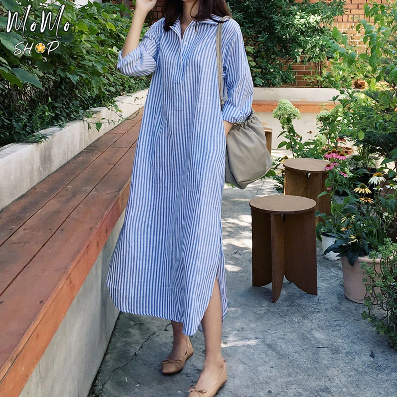 Bleu blanc rayé taille cintrée irt Dr femmes ample longue coton coréen Sle col de trajet t-shirt bouton Long Sle...