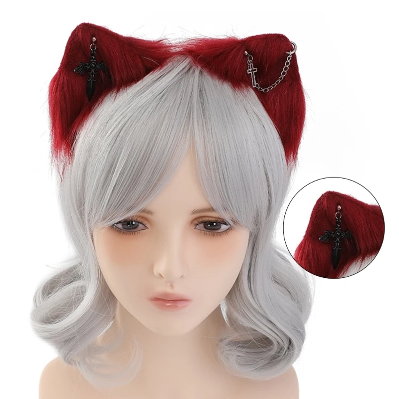 2024 New Subculture Cats Ear Hairband for Role Play Plush Hairband with Metal Earring