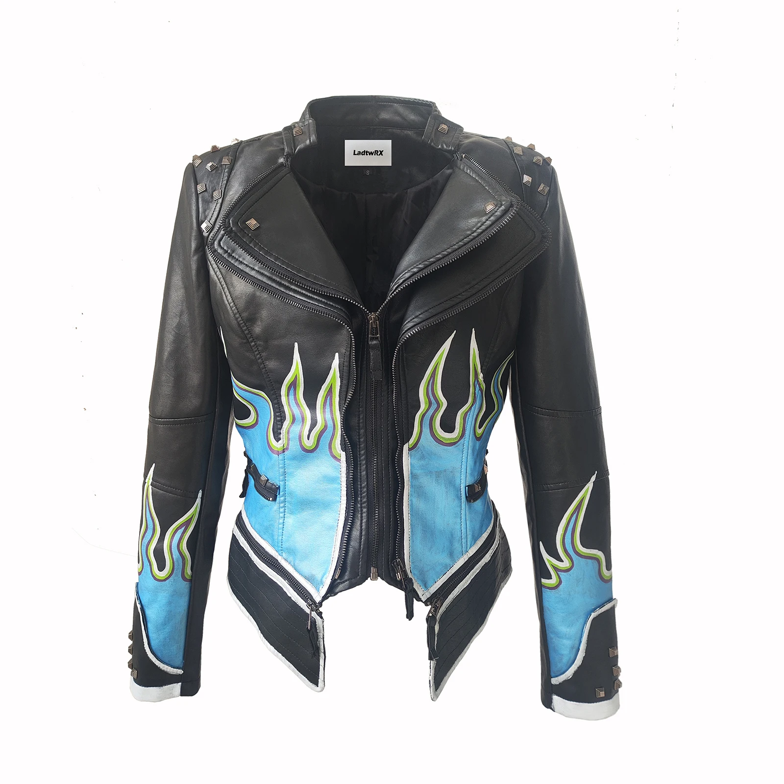 Giacca da Donna in Ecopelle PU con Borchie e Rivetti, Vestibilità Perfetta, Pelle Artificiale con Graffiti Disegnati a Mano, Stile Punk Moto Biker