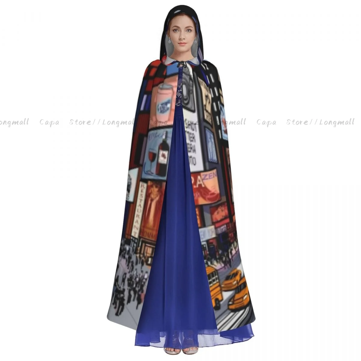 Night View Of Times Square In New York Hooded Cloak Coat Halloween Cosplay Costume Vampire Devil Wizard Cape Gown Party