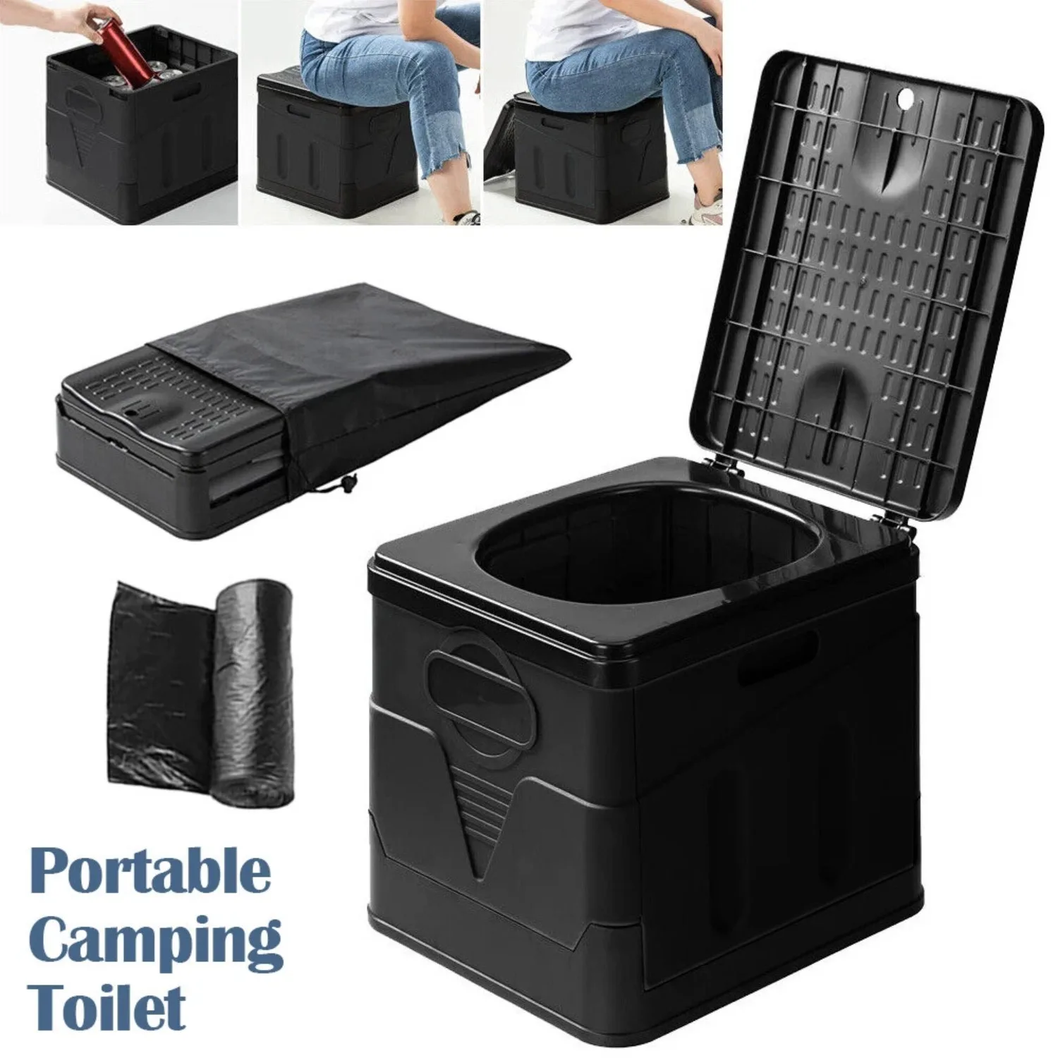 Inodoros y accesorios para exteriores, inodoros portátiles para acampar, inodoro portátil de 150 kg, inodoro móvil para viajes, apto para acampar y viajar, incluye 1 par de cojines, 12 bolsas de basura.
