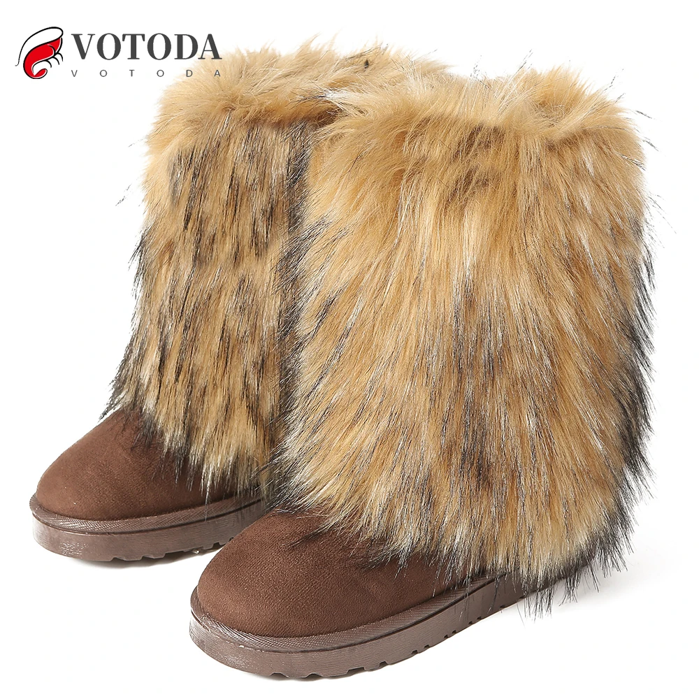 VOTODA New Women Fur Boots Faux Fur Snow Boots Warm Short Plush Lining Fluffy Winter Boots Fashion Furry Shoes Woman Fuzzy Boots