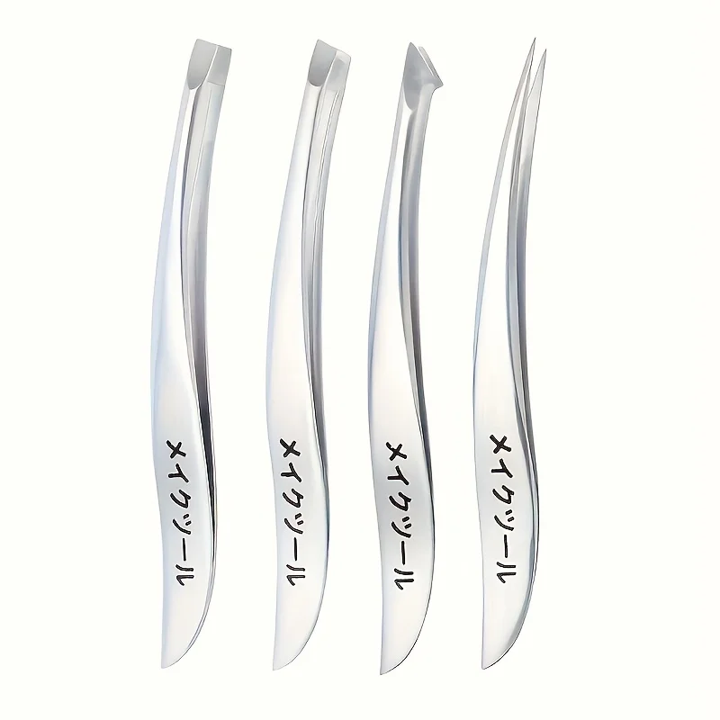 Conjunto de pinças de aço inoxidável de precisão, 4 unidades, remoção de sobrancelhas, nariz e pêlos faciais, sem fragrância, acabamento brilhante, cuidados de beleza