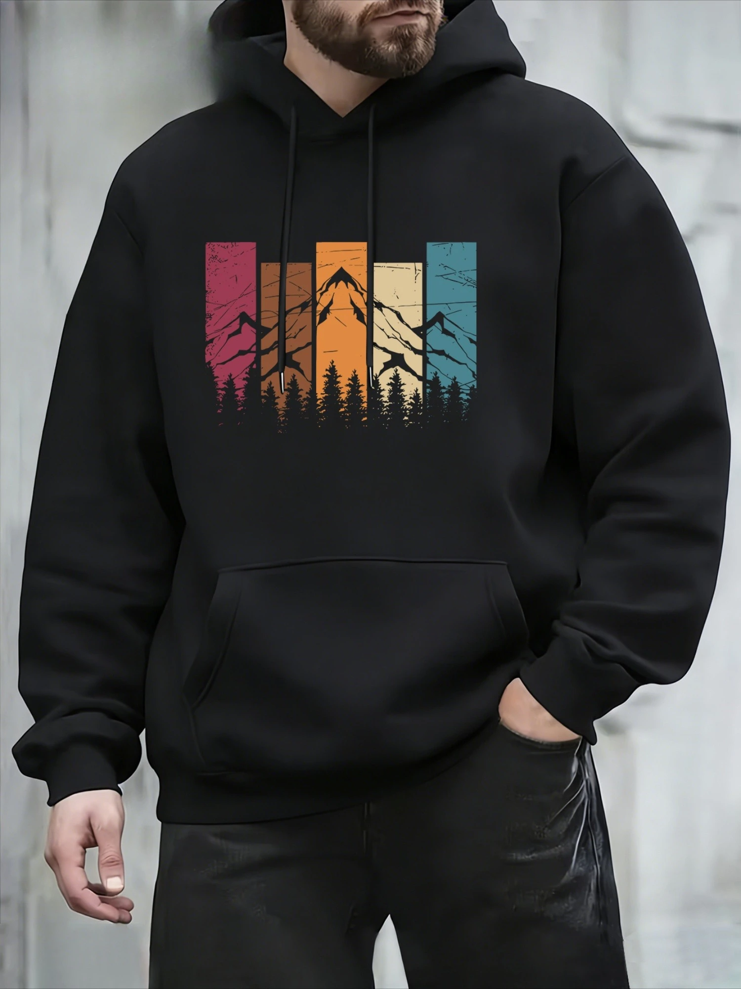 Men Retro Mountain Forest Graphic Hoodie Vintage Nature Scenery Print Pullover Hooded Sweatshirt Casual Streetwear Tops