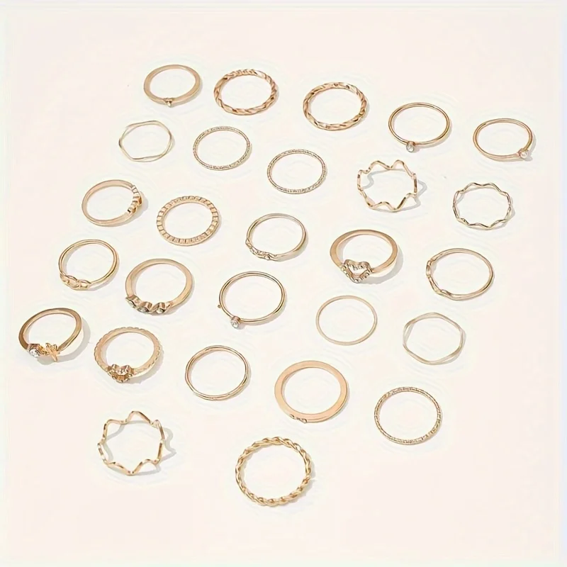 28-teiliges Set aus zarten goldenem Ring aus Zinklegierung, Schmuck, eleganter sexy Stil für Frauen, Sommer-Stapelring – Detail 2