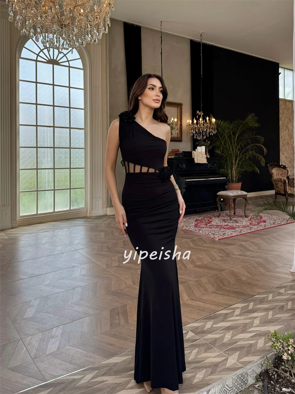 カスタマイズされたモダンなスタイルマッチング手作りフラワープリーツマーメイドワンショルダーロングドレスオーダーメイドオケージョンドレスファッションセクシー