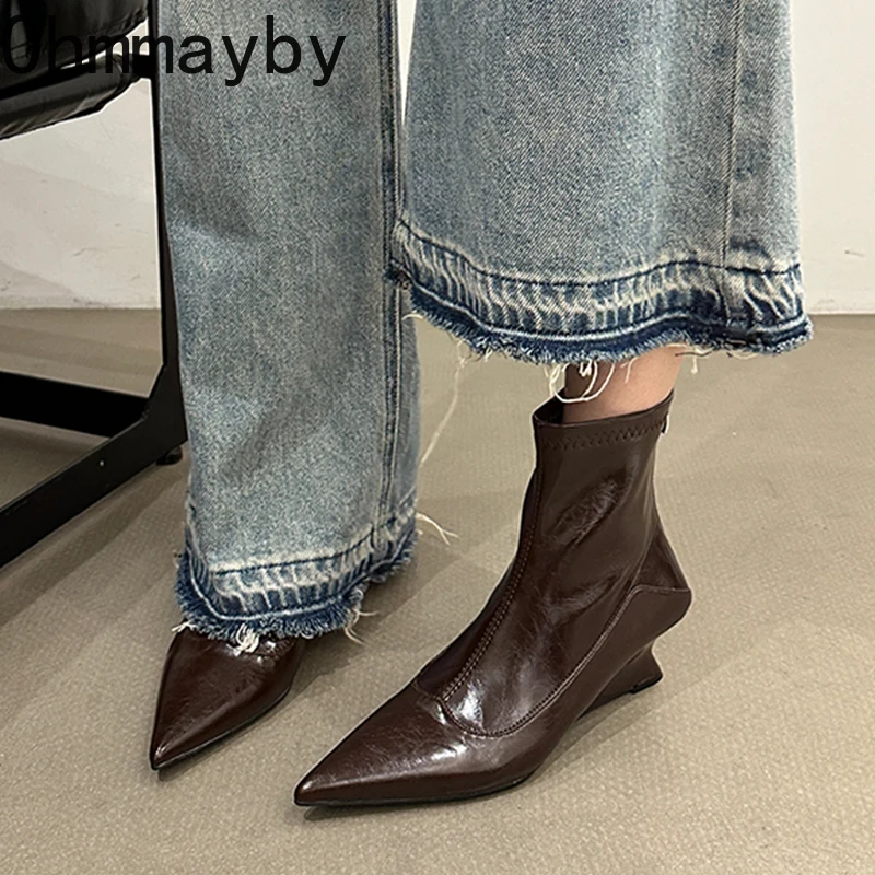 

Autumn Winter Vintage Pointed Toe Women Ankle Boots Fashion Weges Heel Stripper Shoes Female Soft Leather Slim Short Booties