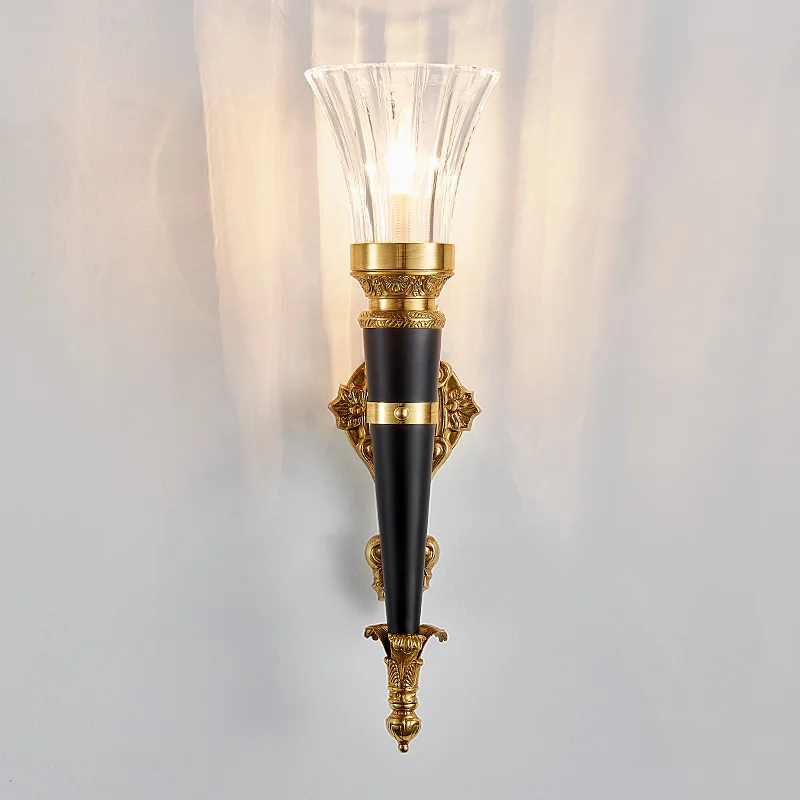 French Luxury Gold Carving Copper Wall Lamps Transparent/tea Color Glass Lights Living Room Bedroom Restaurant Corridor Sconces