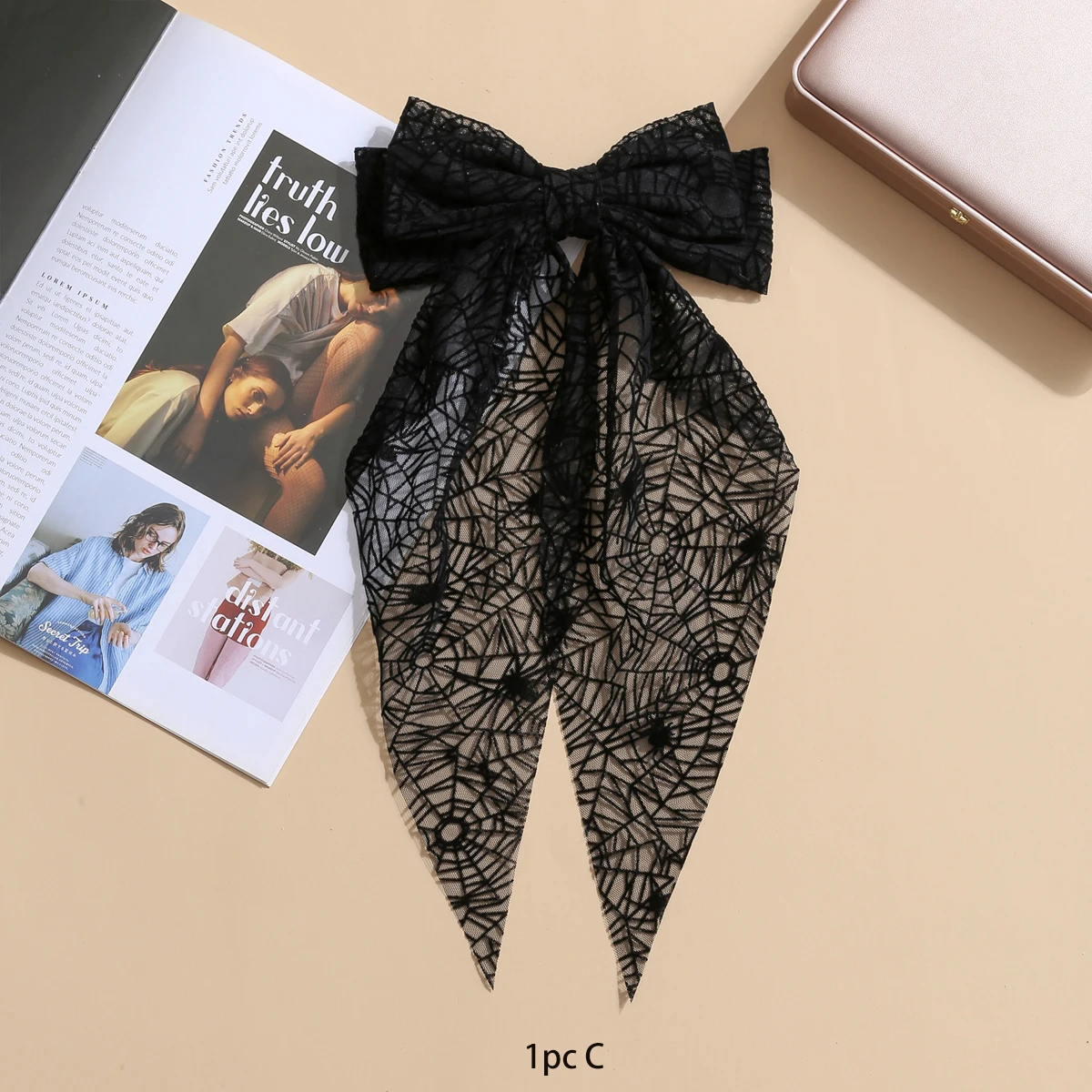 1pc Spider Web Bat Skull Black Mesh Veil Halloween New Bow Hairpin Hair Accessory Temperament Versatile Spring Clip view 5