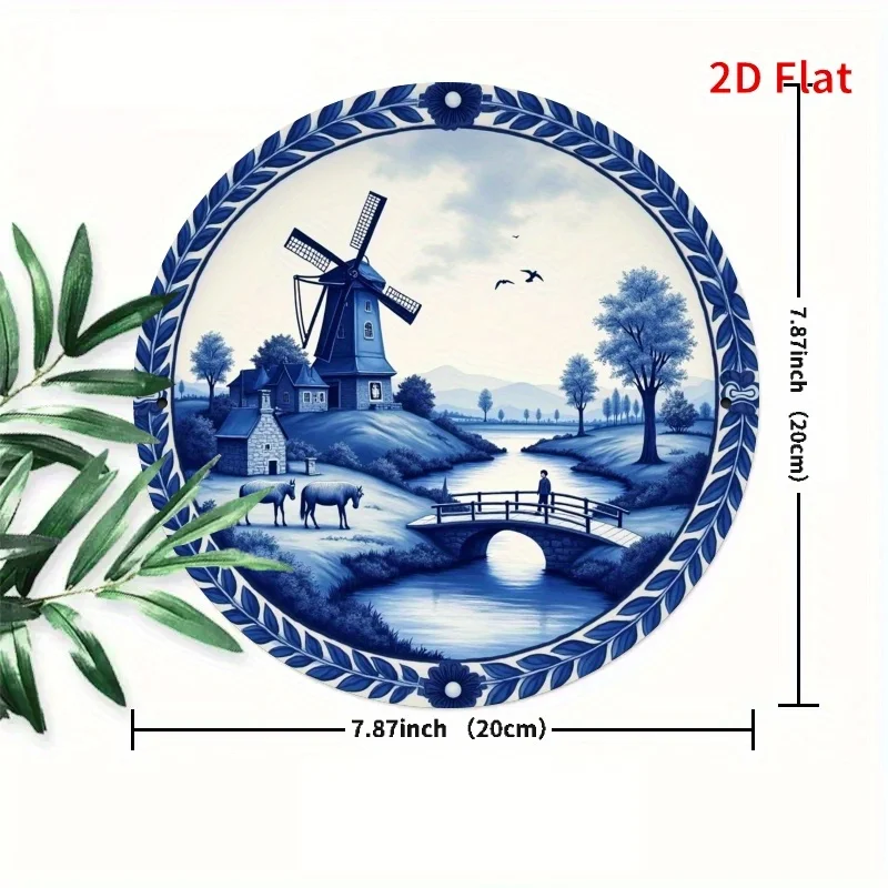 2D Flat, 1pc Dutch Windmill Countryside Tin Painting - Traditional Dutch Landscape with Windmills, Houses & Canals - Blue and Wh