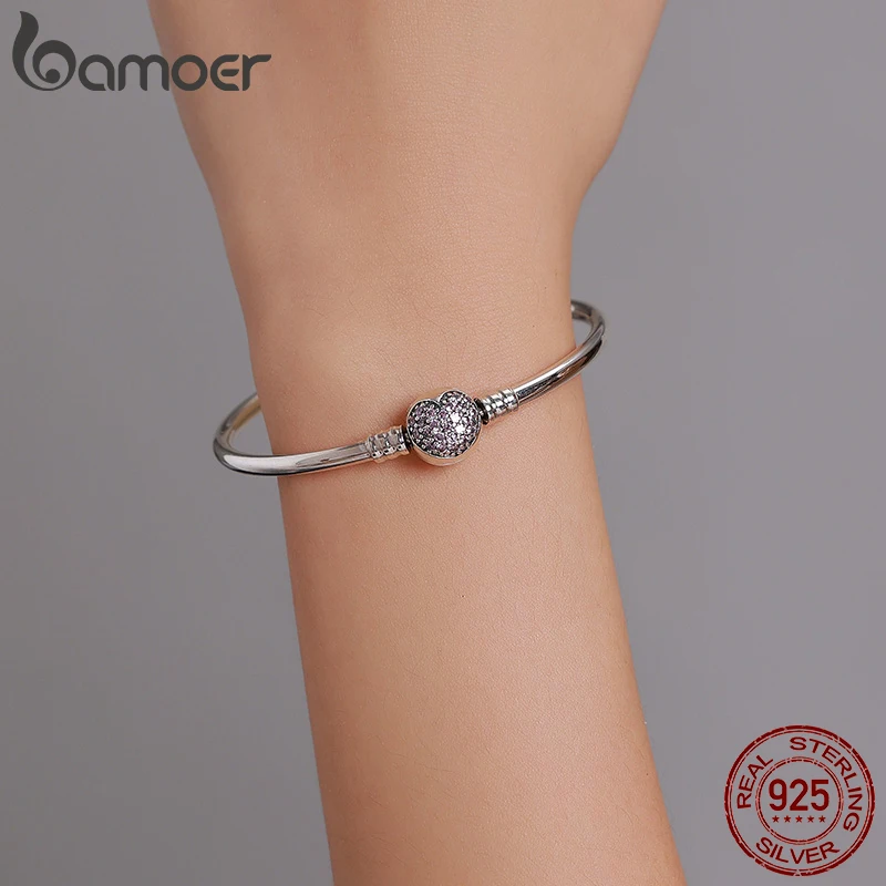 BAMOER 925 Sterling Silver Snake Chain Bangle & Bracelet Pave Setting CZ for Women Pendant Charm Bead DIY Luxury Jewelry PAS904